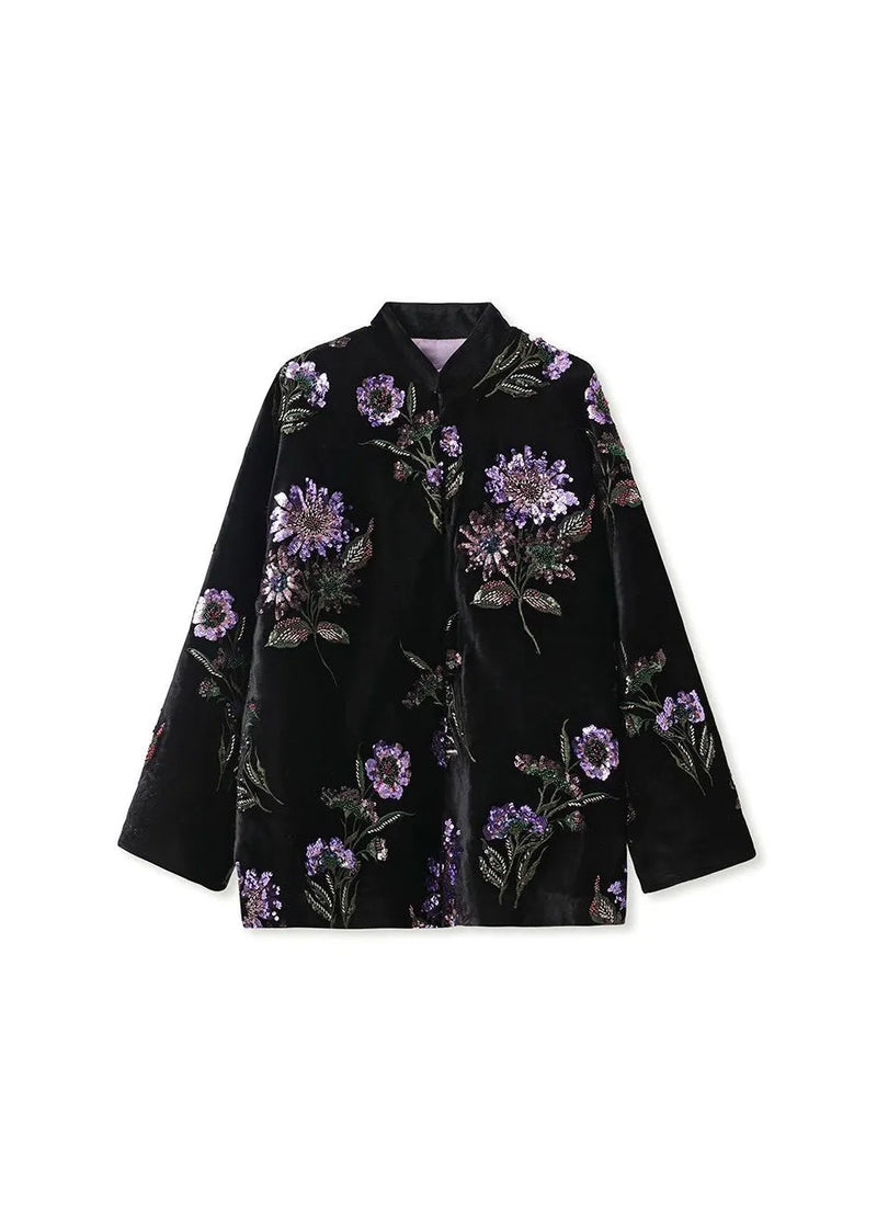 Chinese Style Black Embroidered Sequins Fine Cotton Filled Coat Spring