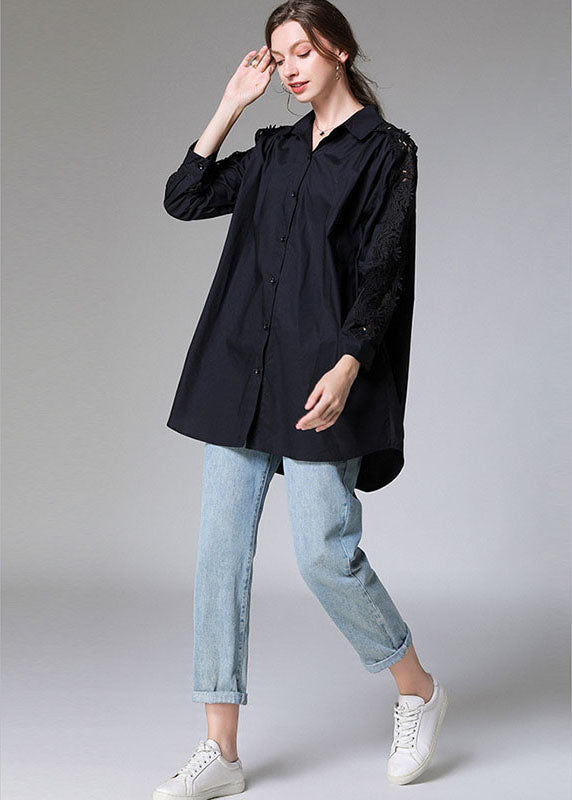 Black Embroideried Button Patchwork Top Fall
