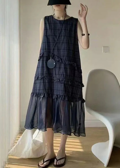 Navy Ruffled Tulle Patchwork Cotton Long Dress Sleeveless