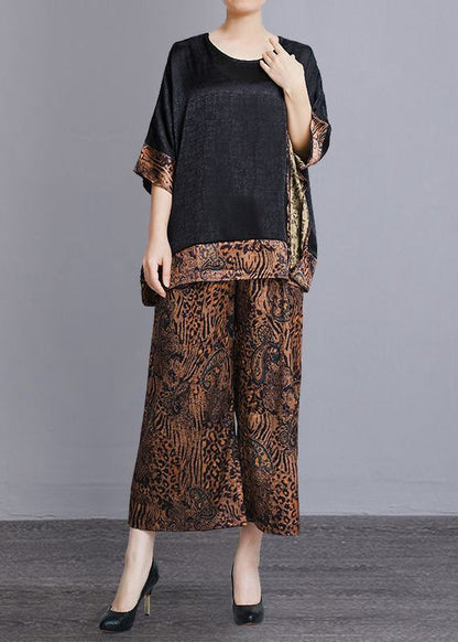 Leopard O-neck Print Patchwork Silk Two Pieces Set Batwing Sleeve
