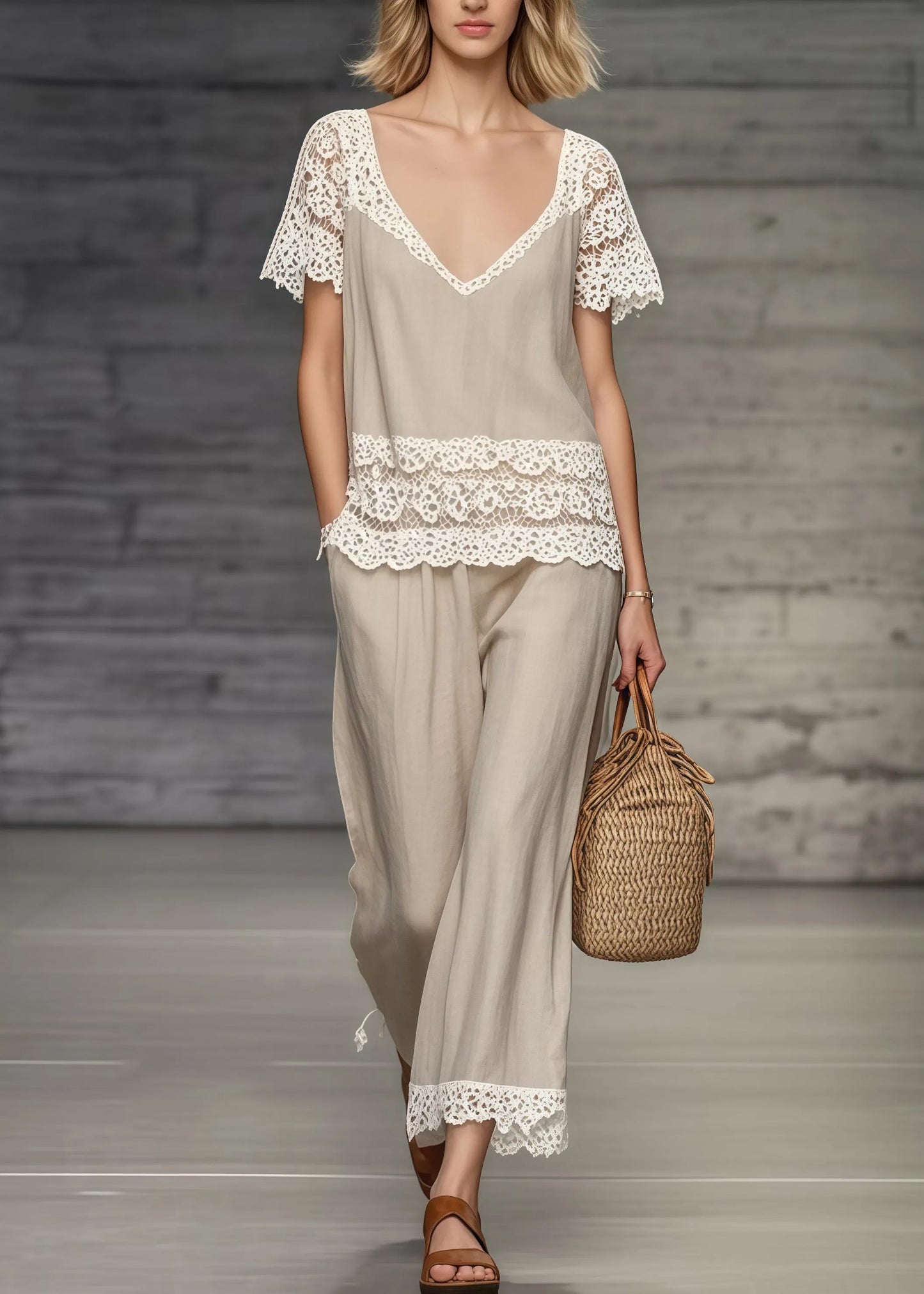 Khaki V Neck Lace Patchwork Two Piece Set Clothing Summer