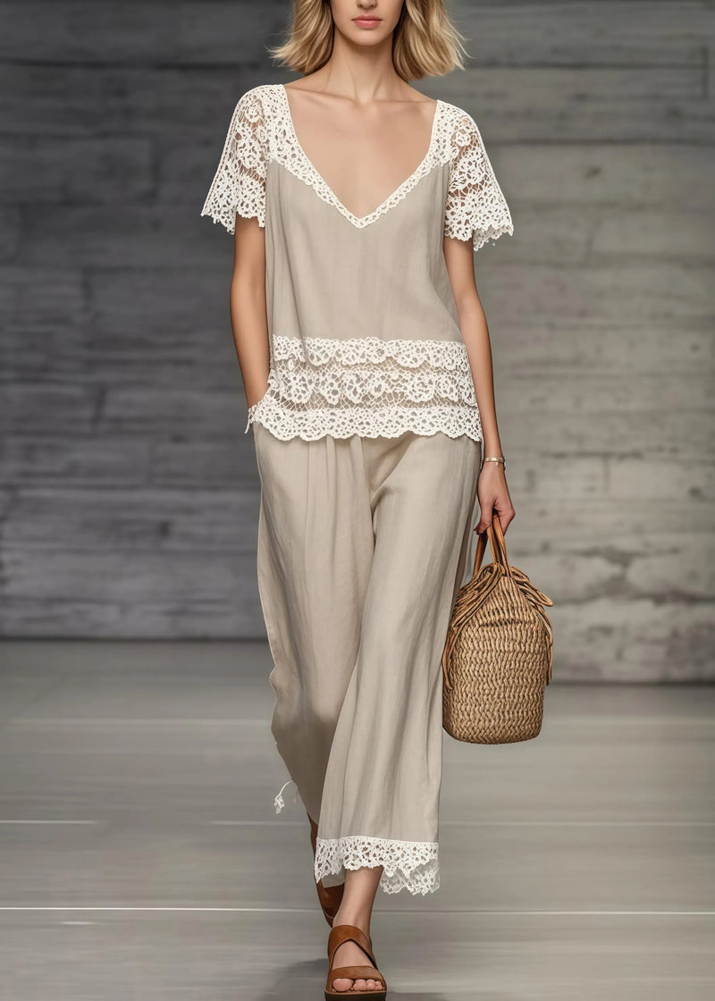 Khaki V Neck Lace Patchwork Two Piece Set Clothing Summer