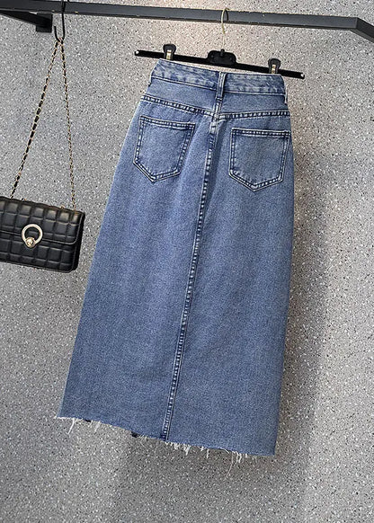 Style Denim Light Blue High Waist Side Open Button Asymmetrical Pockets Cotton a Line Skirts Summer