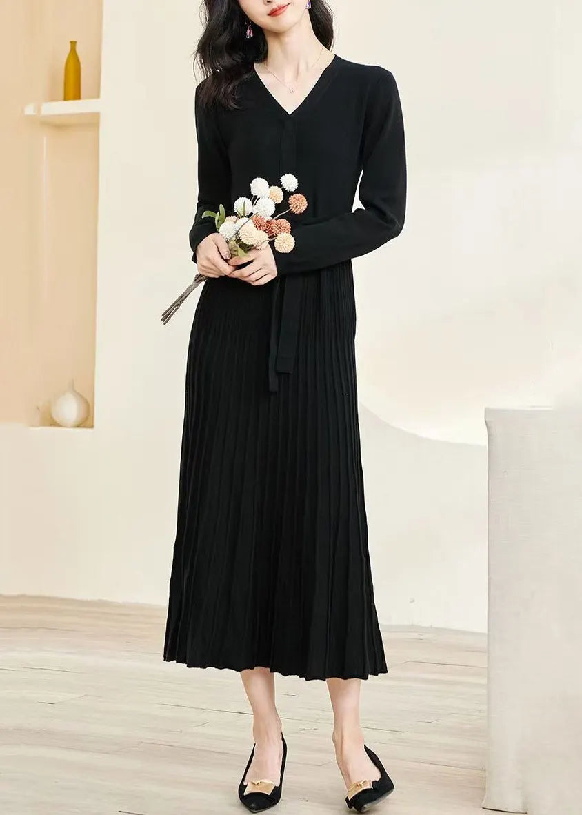 Slim Fit Black V Neck Wrinkled Tie Waist Knit Long Dress Fall