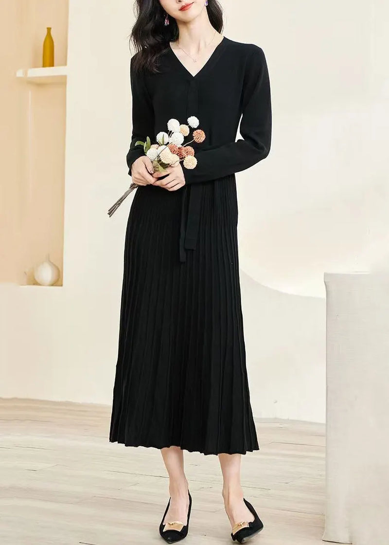 Slim Fit Black V Neck Wrinkled Tie Waist Knit Long Dress Fall