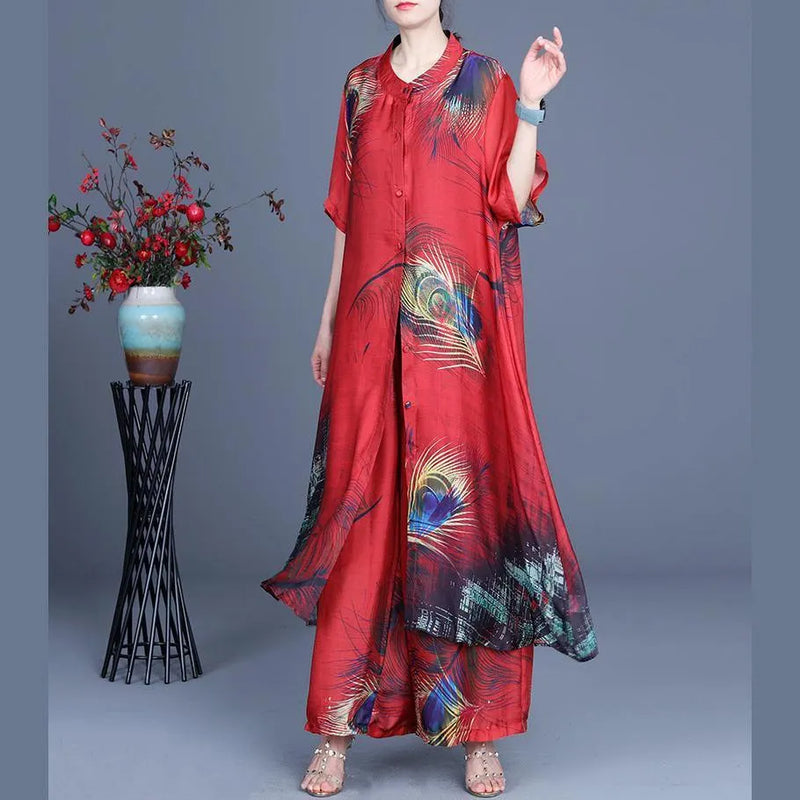 Summer Loose Silk Red Print Coat + Two Piece Pants
