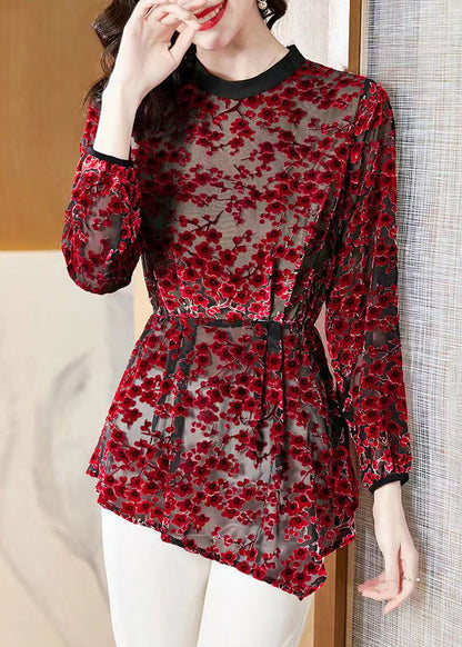 Retro Red Wrinkled Hollow Out Silk Velour Top Spring