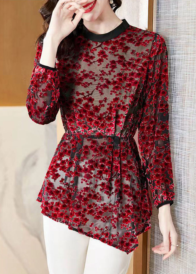 Retro Red Wrinkled Hollow Out Silk Velour Top Spring