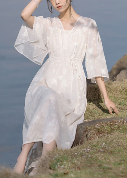 New White V Neck Lace Up Chiffon Two Pieces Set Half Sleeve