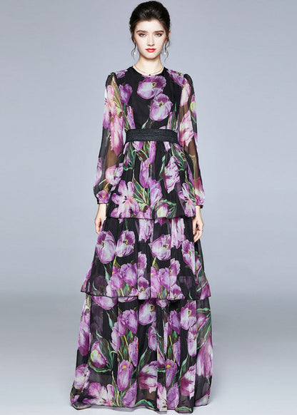 Boutique Purple Print O-neck Layered Design Chiffon Long Dresses Fall