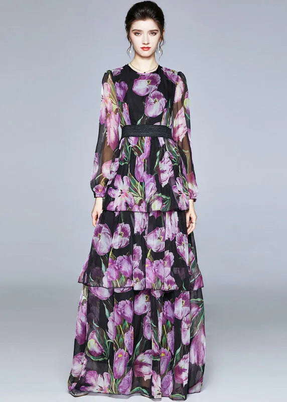 Boutique Purple Print O-neck Layered Design Chiffon Long Dresses Fall