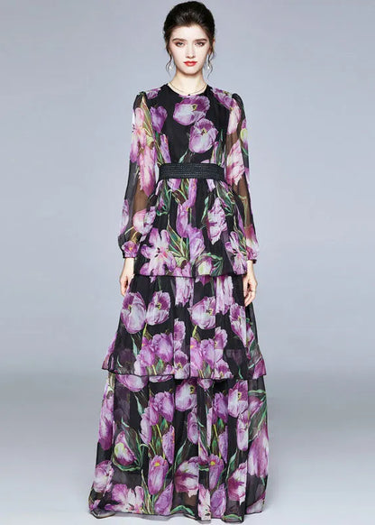 Boutique Purple Print O-neck Layered Design Chiffon Long Dresses Fall