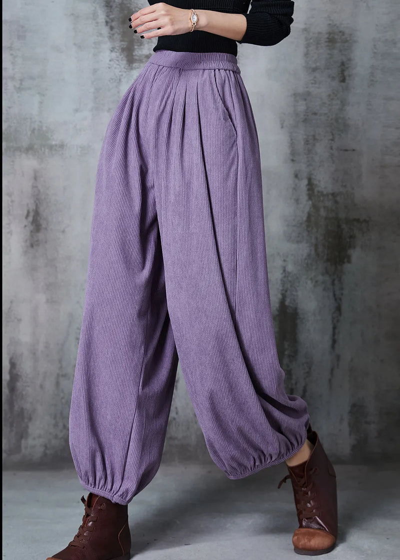 Purple Elastic Waist Corduroy Pants Spring