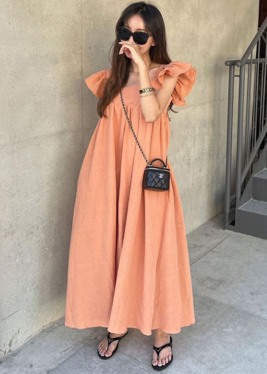 Orange Square Collar Oversized Cotton a Line Dresses Butterfly Sleeve
