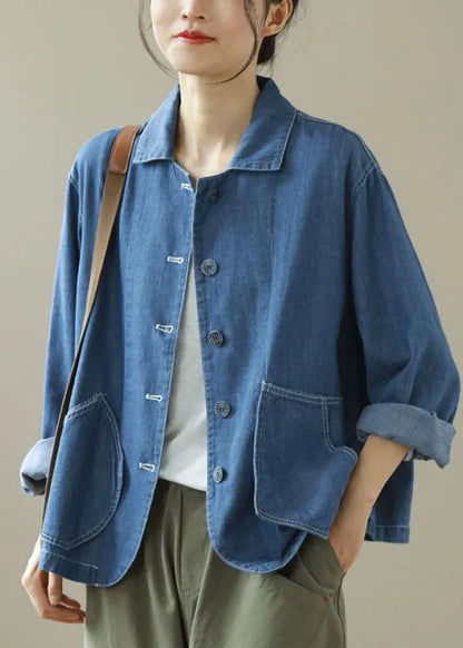 Style Blue Peter Pan Collar Pockets Patchwork Denim Coats Spring