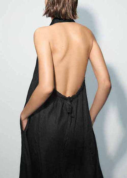 French Black Backless Button Lace Up Linen Long Dresses Sleeveless Summer