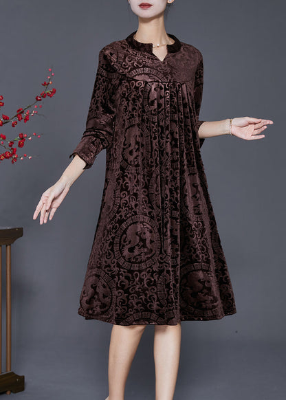 Chocolate V Neck Print Silk Velour Maxi Dresses Fall