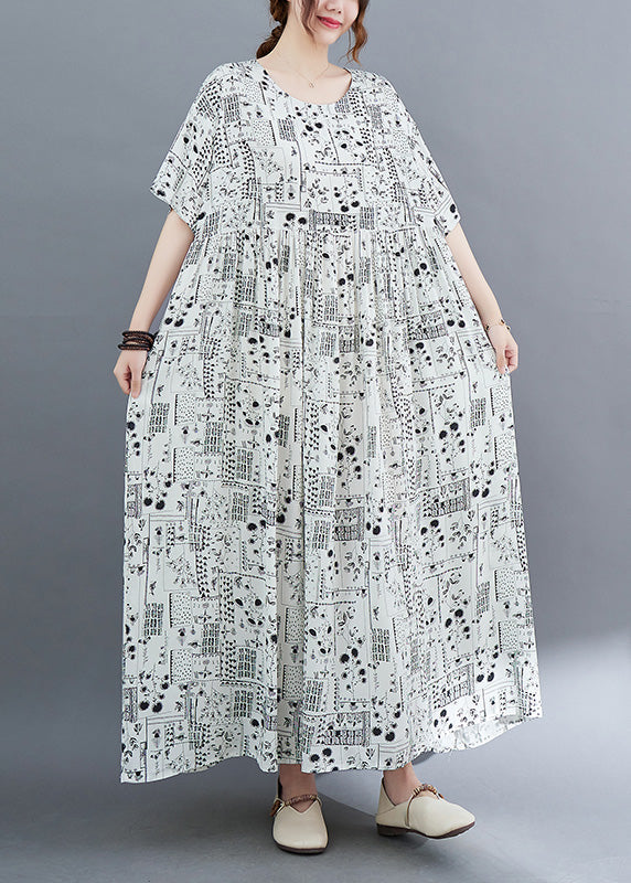 White O-neck Patchwork Wrinkled Party Maxi Dress Short Sleeve