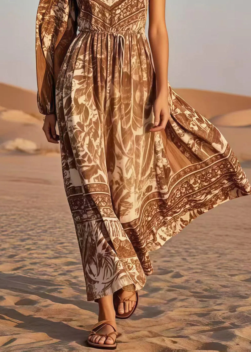 Brown Print Cotton Cinched Dress Asymmetrical Sleeveless