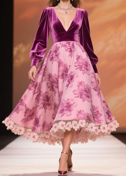 Boutique Purple Print Patchwork Silk Velvet Party Dress Spring