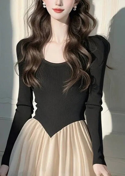 Style Black Long Dress Wrinkled Patchwork Long Knit Dress Long Sleeve