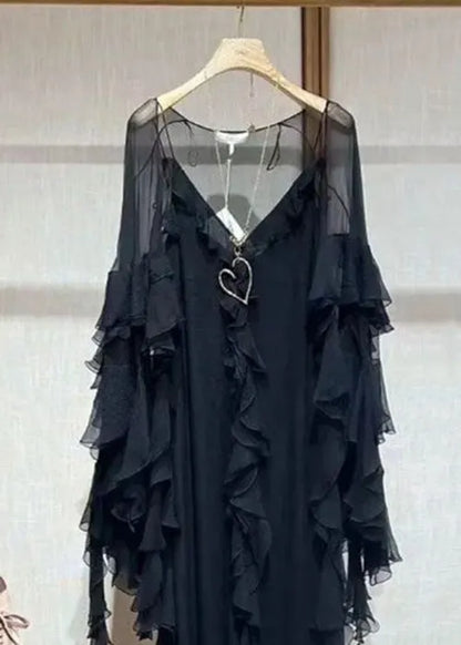 Italian Black V Neck Ruffled Two Piece Set Summer