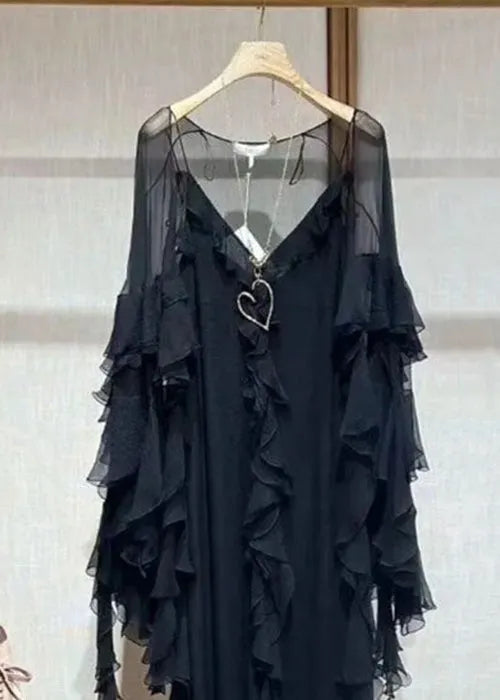 Italian Black V Neck Ruffled Two Piece Set Summer
