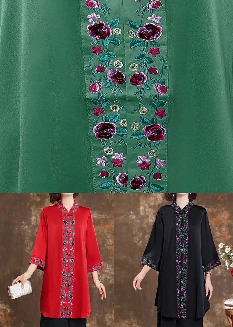 Green Embroideried Patchwork Silk Shirts Spring