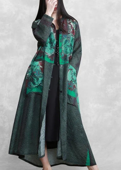 Modern Stand Collar Spring Tunics Sewing Green Print a Line Dress