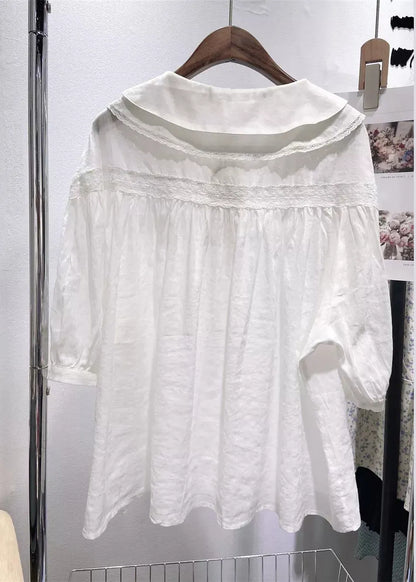 White Peter Pan Collar Lace Cotton Blouses Half Sleeve