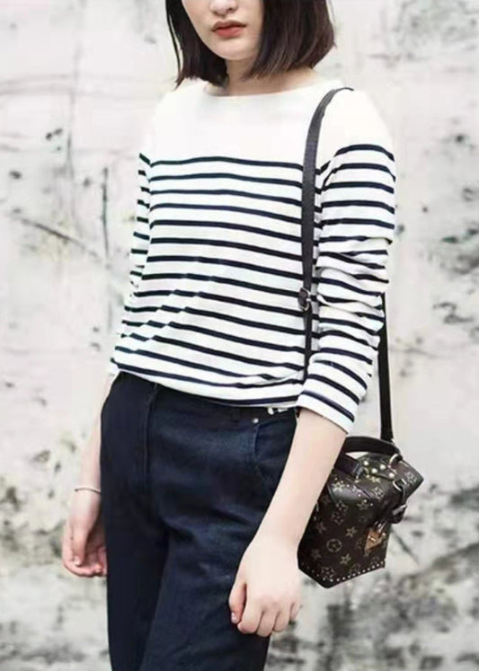 Style White O-neck Striped Knit Cotton Top Long Sleeve