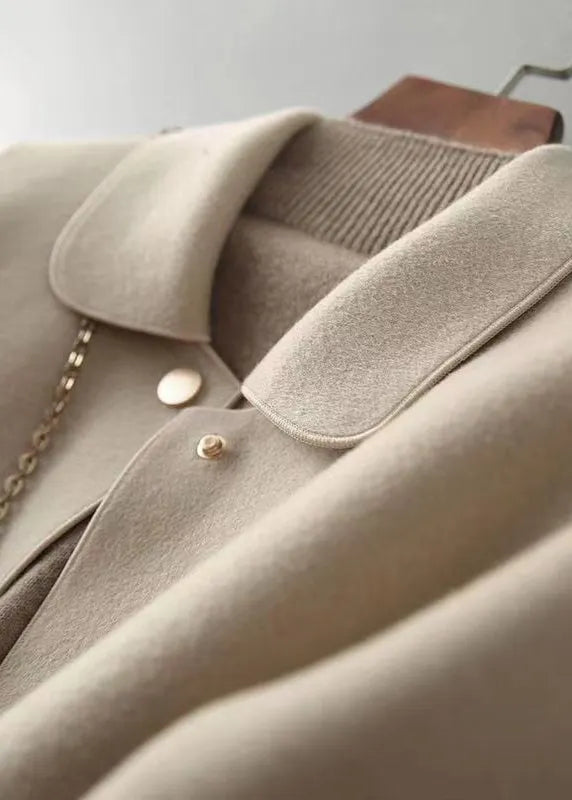 Beige Peter Pan Collar Pockets Woolen Coat Fall