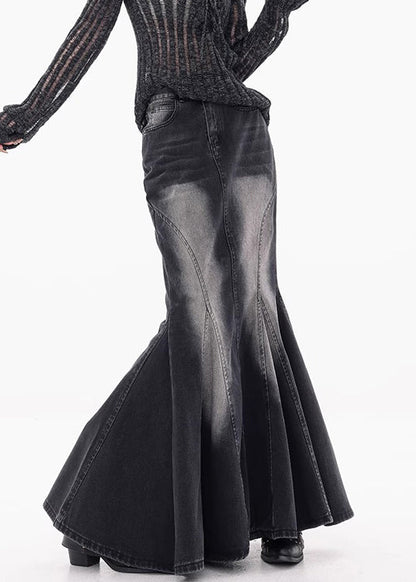 Black Pockets High Waist Denim Maxi Skirts Fall
