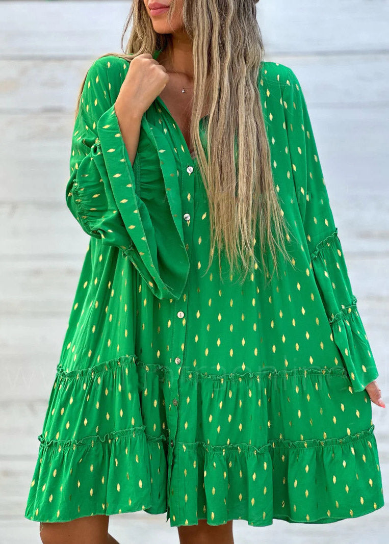 Loose White Ruffled Print Button Mid Dress Fall