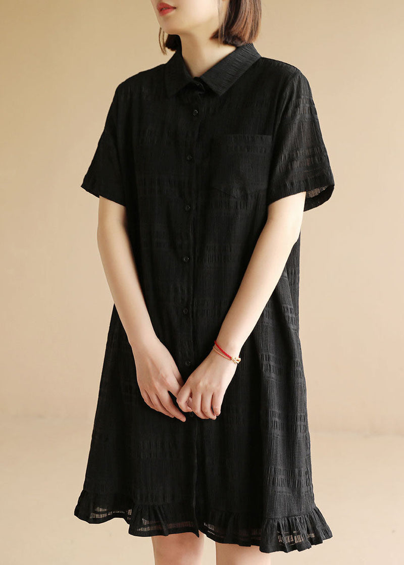 Black Peter Pan Collar Patchwork Ruffles Holiday Dress Short Sleeve