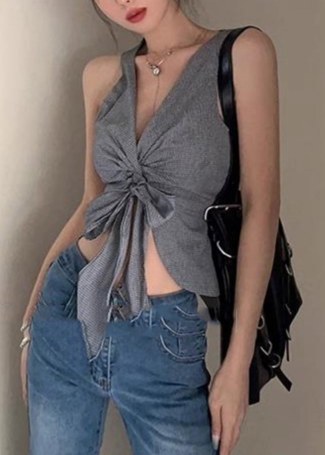 Grey V Neck Tie Waist Vest Summer