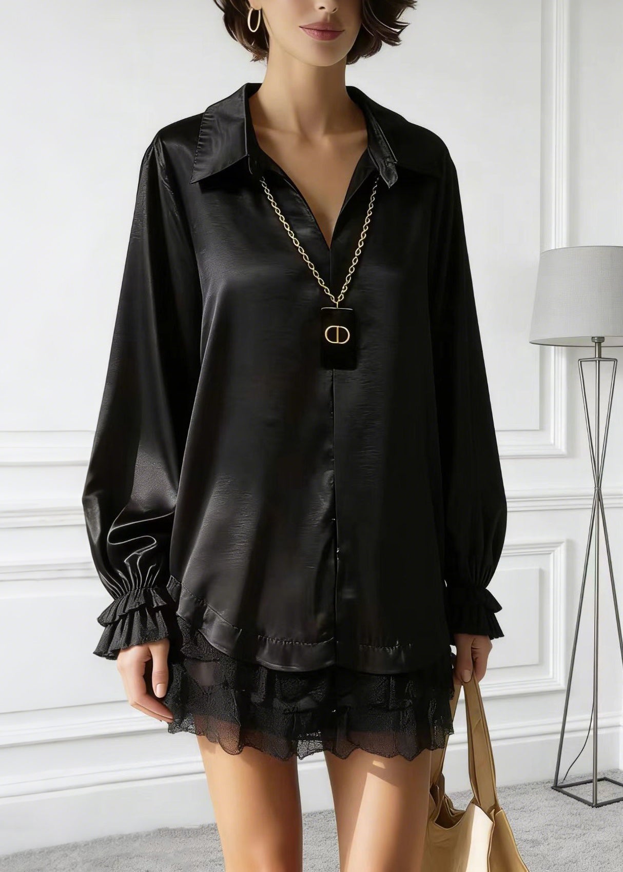 Black Peter Pan Collar Lace Patchwork Silk Shirt Tops Spring