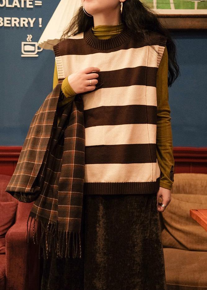Pullover Chocolate Striped Knit Top Silhouette O Neck Sleeveless Knit Tops