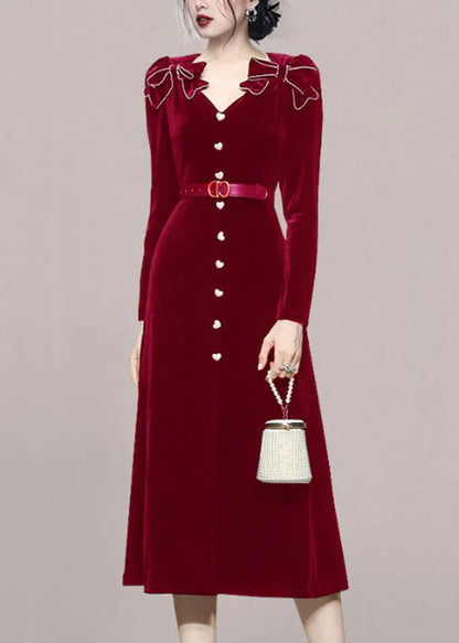Red V Neck Bow Tie Waist Patchwork Velour Long Dress Fall