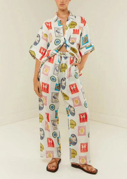 Peter Pan Collar Print Tops and Pants Two Piece Set Outfits Summer