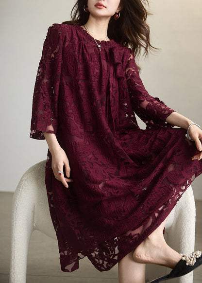 Red O-neck Chiffon Maxi Dress Fall