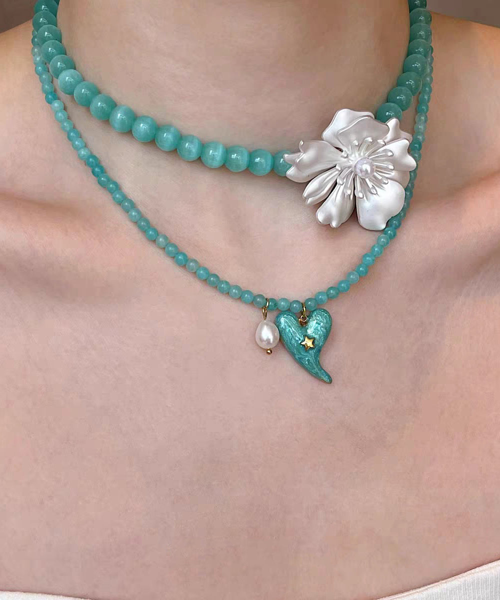 Blue Alloy Amazonite Love Pearl Pendant Necklace Two-piece Set