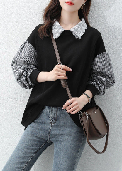 Black Peter Pan Collar Patchwork False Two Pieces Cotton Sweatshirt Fall