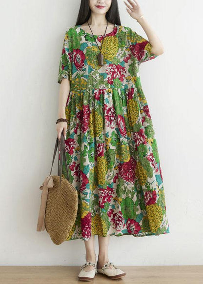 Green O-neck Patchwork Print Fall Ankle Dress Half Sleeve