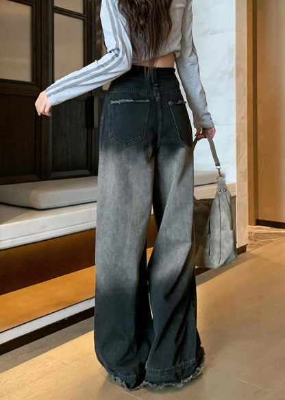 Unique Black Tasseled Gradient Color Denim Wide Leg Pants Fall