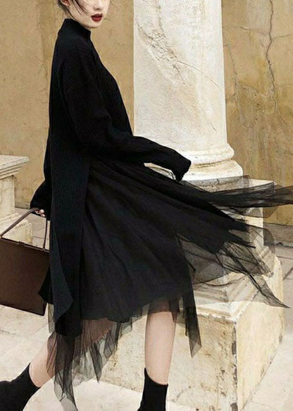 Art Black Asymmetrical Side Open Knit Sweater and Tulle Skirt Two Pieces Set Spring