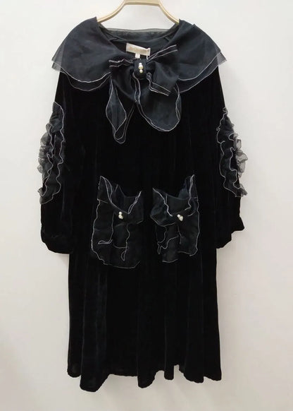 Unique Black Peter Pan Collar Organza Patchwork Silk Velour a Line Dresses Spring