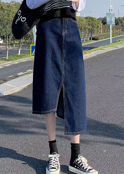 Navy Side Open Asymmetrical Pocket Cotton Denim Wraped Skirts Summer