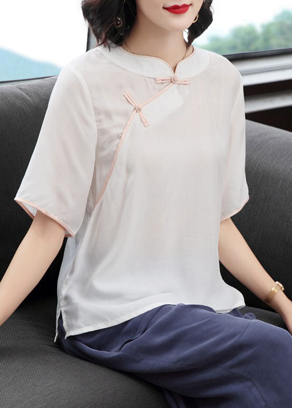 Rose O-neck Oriental Button Color Silk Shirt Top Short Sleeve