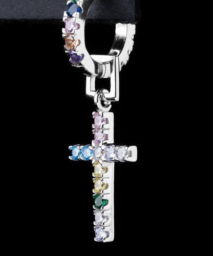 Rainbow Sterling Silver Zircon Cross Hoop Earrings